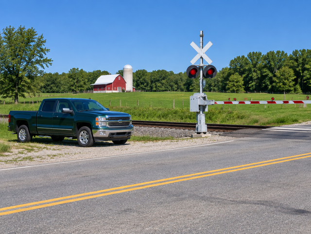 A clean pickup truck parked by a rural railroad crossing with a crossbuck, next to Wisconsin dairy farmland on a sunny day.