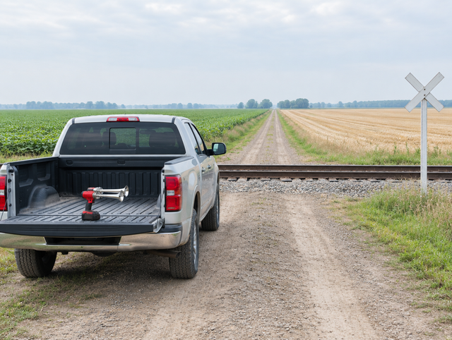 A pickup truck with a battery-powered twin-trumpet air horn on its tailgate at a dirt farm crossing over a rail line.