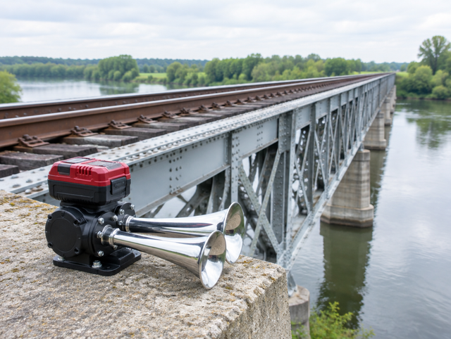 A compact twin-trumpet train horn with a red cordless battery on a steel trestle rail bridge over a river.