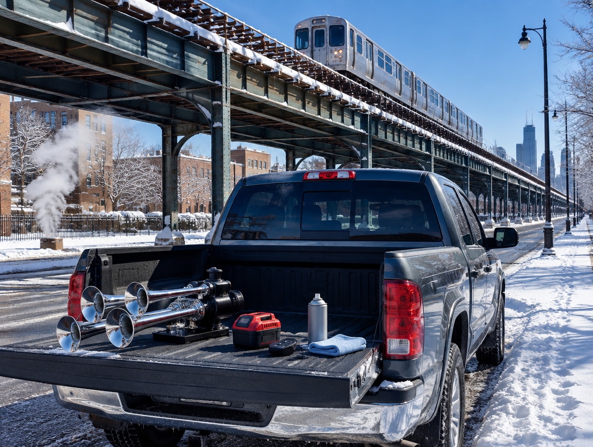 Train horn kit and red battery pack on a pickup tailgate beneath a snowy elevated railway viaduct on a clear day.