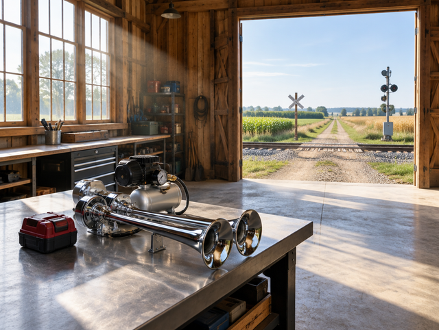 A chrome train horn and red battery pack on a sunlit workshop bench, with a farm rail crossing visible through open doors.