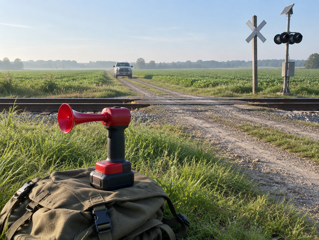 A cordless horn with a red battery pack on a daypack beside a dirt farm track at a railway crossing in morning light.