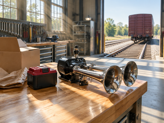 A cordless electric train horn with a red battery on a sunlit workshop bench, rail track and a boxcar visible outside.