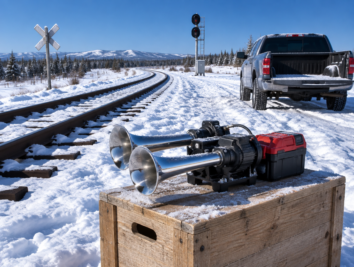 Portable dual-trumpet air horn with a red cordless battery on a crate beside snowy rail tracks under a blue sky.