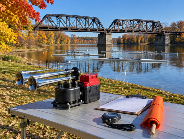 Battery-powered air horn on a regatta start table by an autumn river, with a steel railway bridge behind it