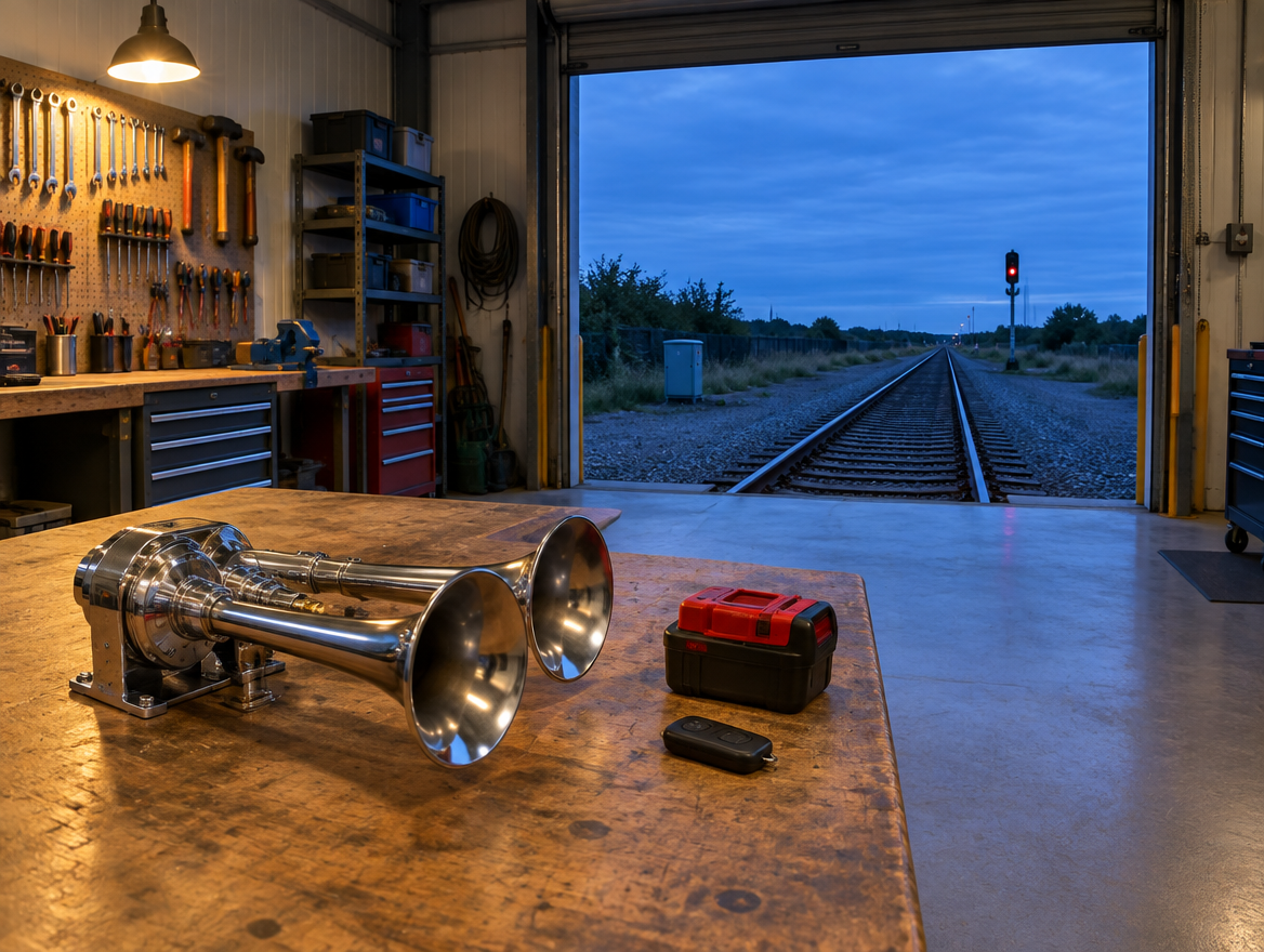 Chrome train horn, red-topped cordless battery and remote fob on a workbench, with the roller door open onto the rails at dusk.