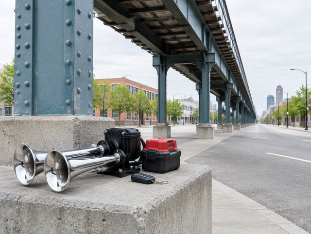 A cordless train horn kit with a red battery pack on a concrete pier under an elevated railway viaduct.