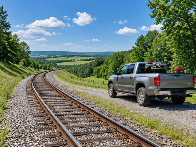 A pickup truck with a train horn parked on a gravel road beside a single-track railway curving through green summer hills.