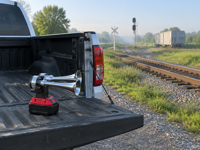 A chrome drill-style air horn with a red battery pack sits on a pickup tailgate beside rural railroad tracks in the morning.