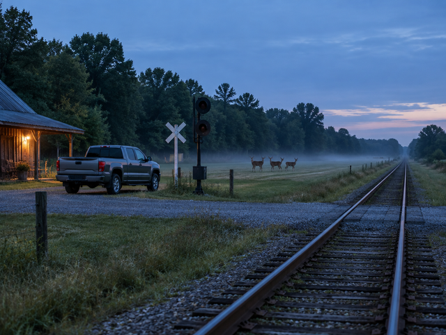 Rural rail line along a hayfield at dusk, with a pickup parked by a crossbuck and deer watching from the treeline.