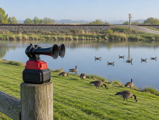 Canada geese on a pond bank below a railway embankment, with a battery-powered air horn on a fence post up front