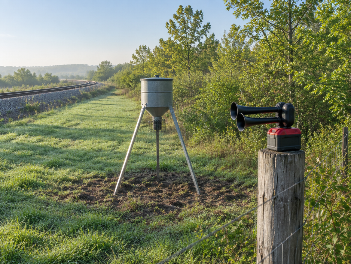 A feeder and a battery-powered air horn on a fence post at a field edge, with a rail line beside the trees at dawn.