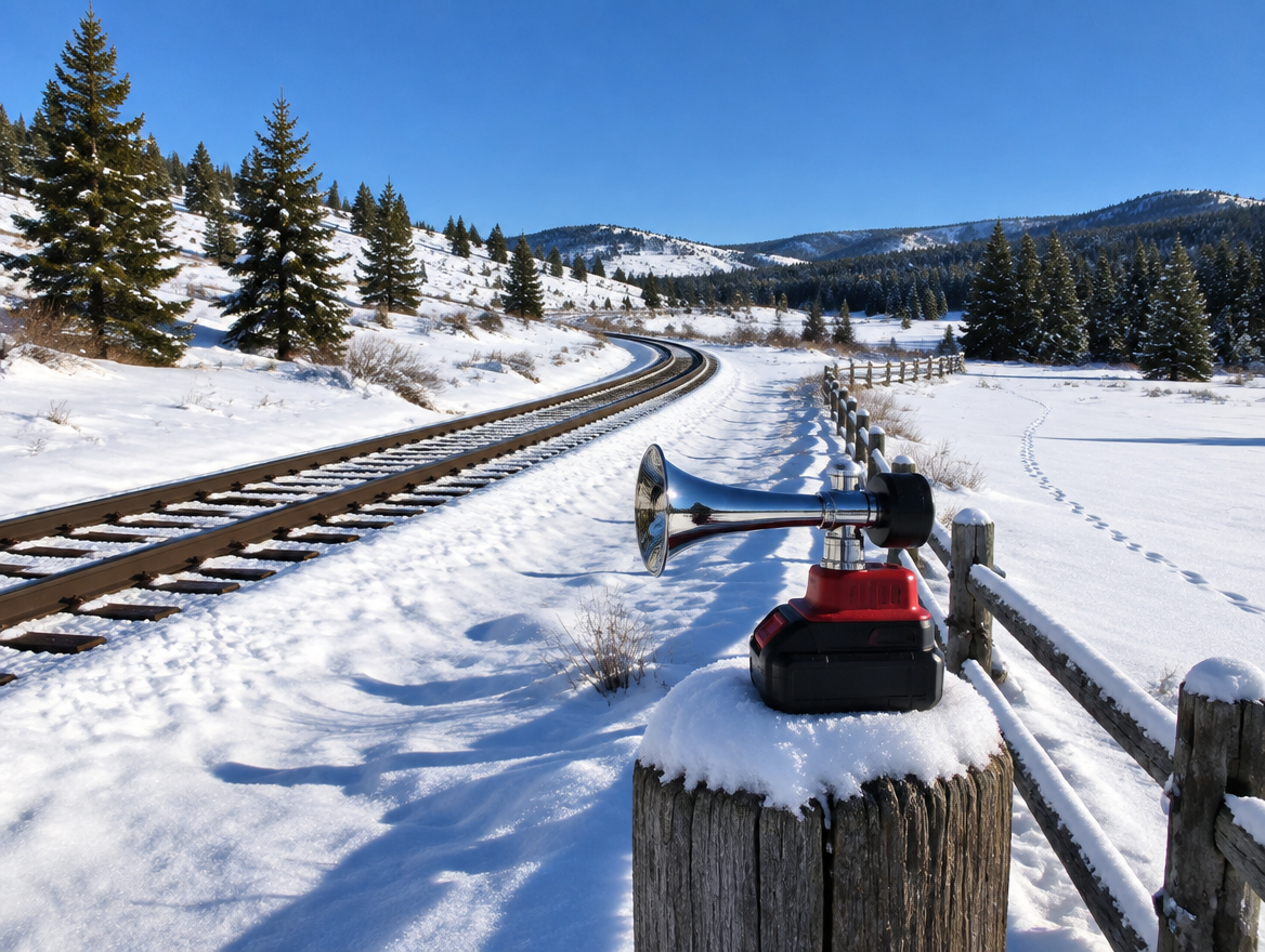 A portable horn on a red and black battery pack sits on a fence post beside a snowy rail line curving through the hills.