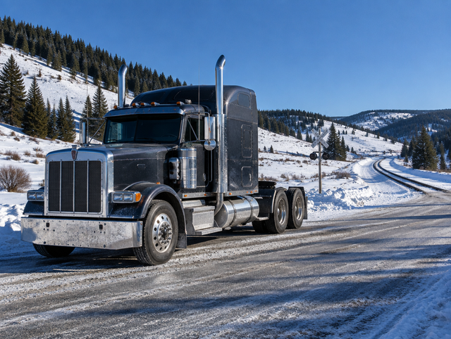 A clean semi truck tractor waits at a snowy rural crossing as a single-track rail line curves through the winter hills.