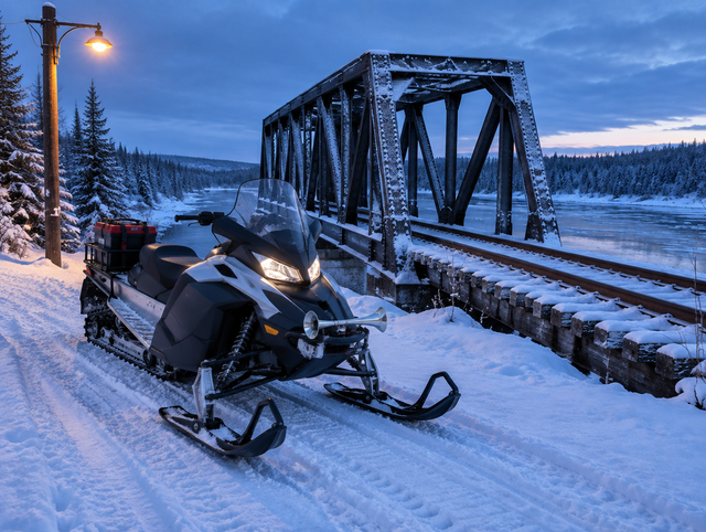 A snowmobile with a compact air horn parked on a snowy trail beside a steel railway bridge over a river at dusk