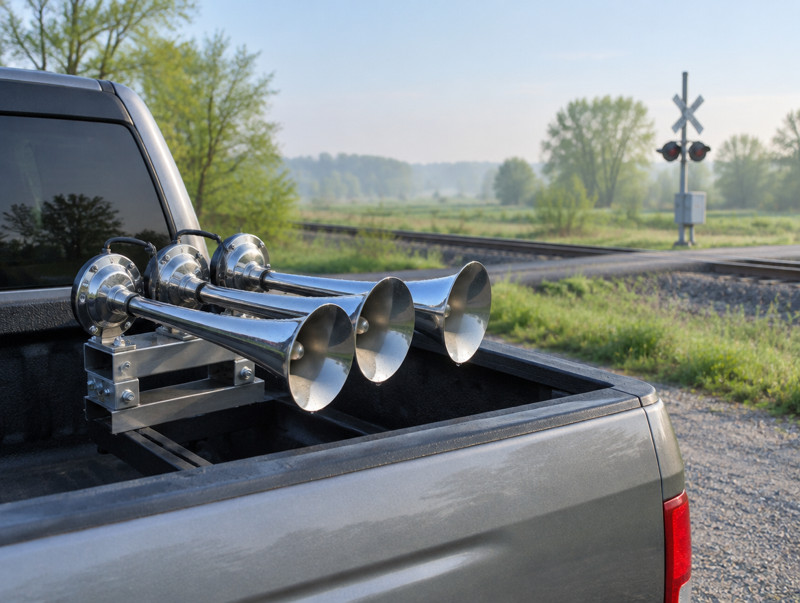 Chrome train horn trumpets in a pickup bed beside a rural railroad crossing on a hazy, clear morning.