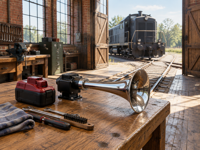 Cordless train horn and red battery on a sunlit workbench in a brick engine shed, locomotive outside the open doors.