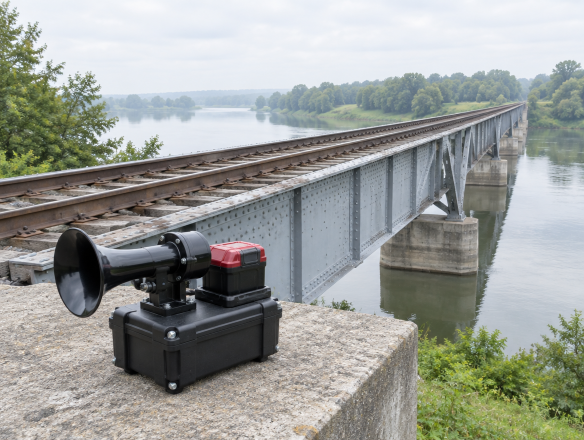 A compact horn unit with a red battery pack sits beside the tracks at the end of a steel trestle bridge over a river.