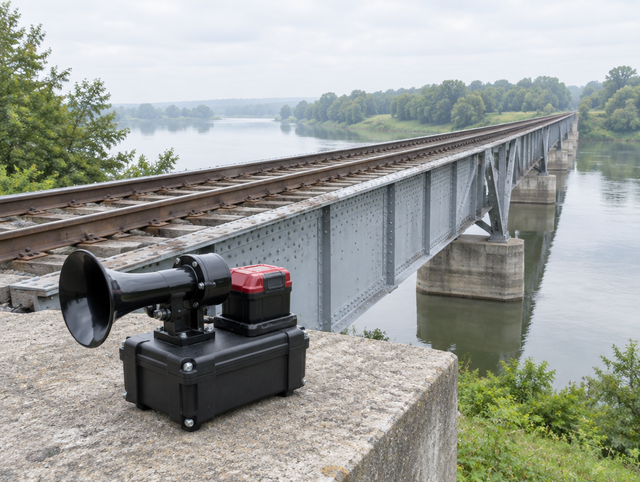A compact horn unit with a red battery pack sits beside the tracks at the end of a steel trestle bridge over a river.