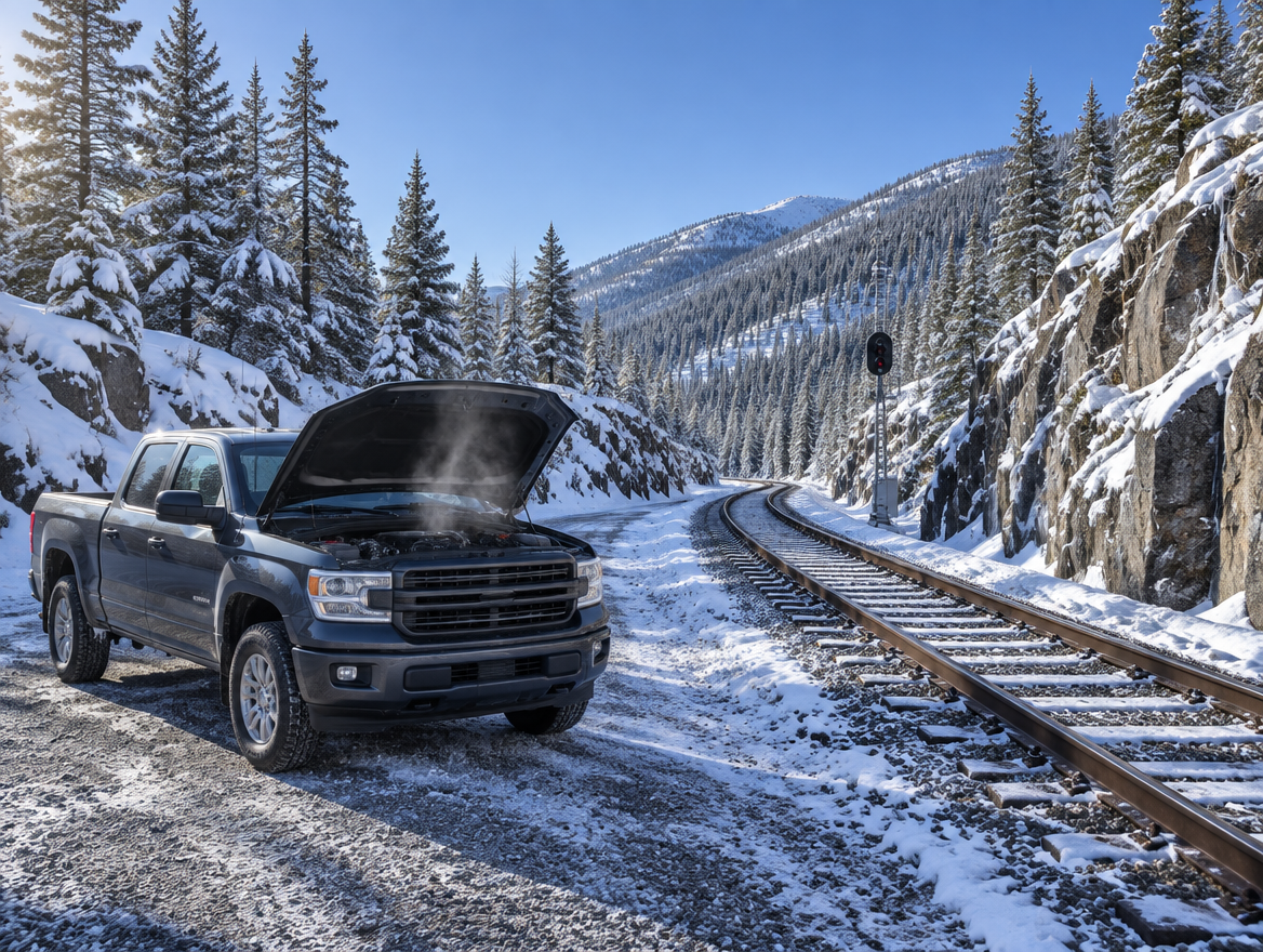 Pickup truck with its hood open beside a snowy mountain rail line running through a rocky cutting and pine forest