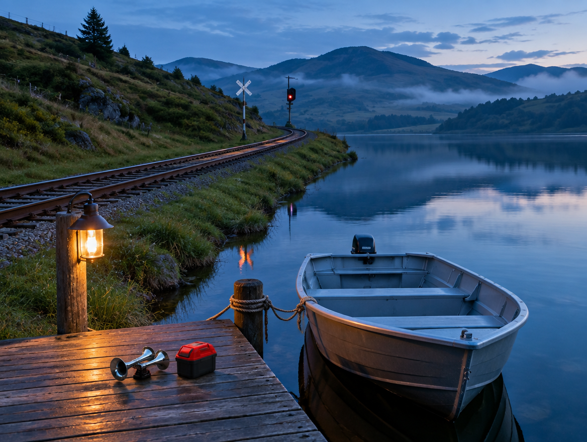 Fishing boat at a lakeside dock beside a curving single-track rail line in green hills at dusk, with a horn and red battery