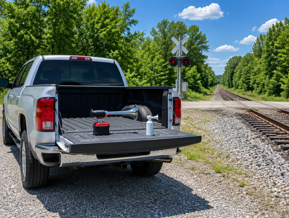 A battery train horn and a small aerosol air horn on a pickup tailgate beside a sunny rural railroad crossing.