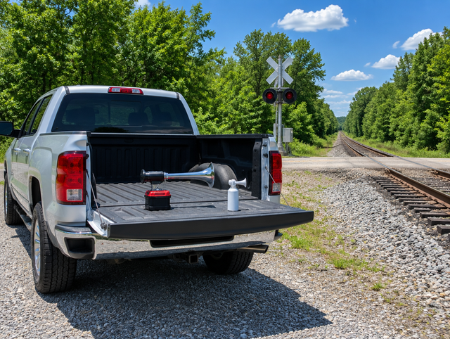 A battery train horn and a small aerosol air horn on a pickup tailgate beside a sunny rural railroad crossing.