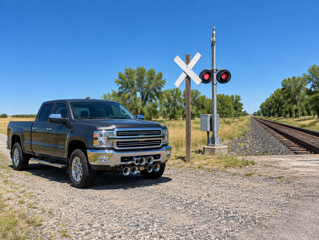 A pickup truck with chrome train horns parked beside a rural railroad crossing under a bright blue sky.