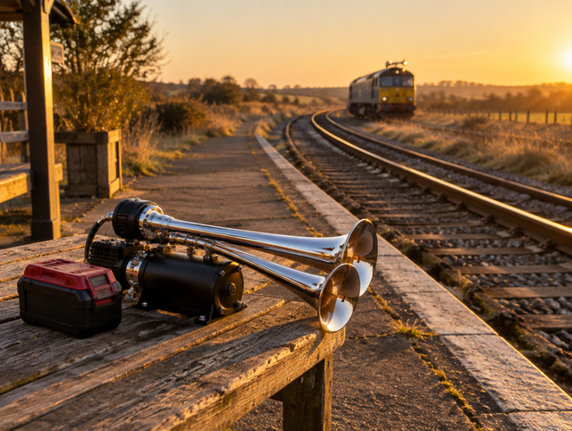 A chrome train horn kit and a red cordless battery on a platform bench, with rails leading to a distant locomotive.
