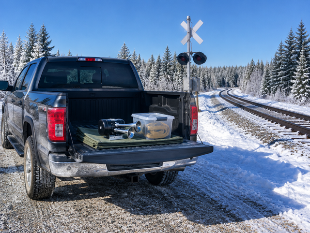 A pickup with its tailgate down holds a compact train horn beside snowy rails and a crossbuck under a bright blue sky.