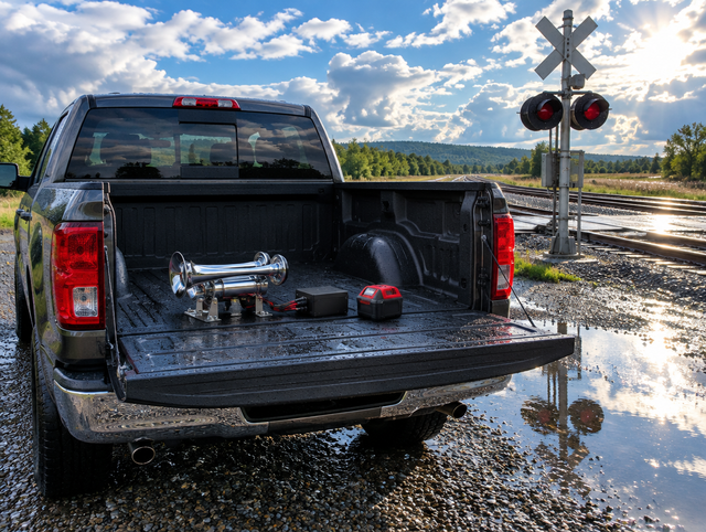 Pickup truck with a chrome train horn kit and red battery in the bed, parked by a wet railroad crossing after rain.