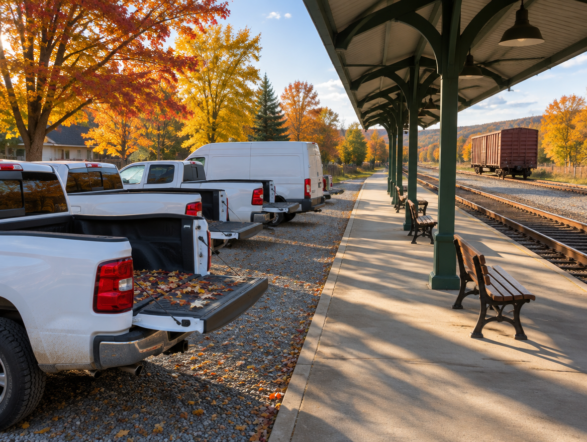 A row of white work pickups and a fleet van parked beside a small-town station platform on a sunny autumn day.