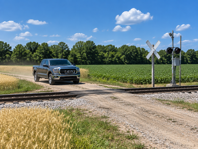 A clean pickup truck stopped on a dirt farm track at a rail crossing between green fields on a sunny summer day.