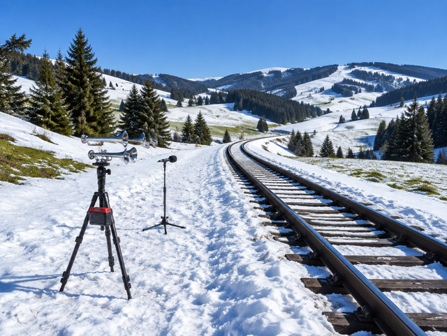 Chrome air horn on a tripod beside a snowy single-track railway curving through green-forested winter hills.
