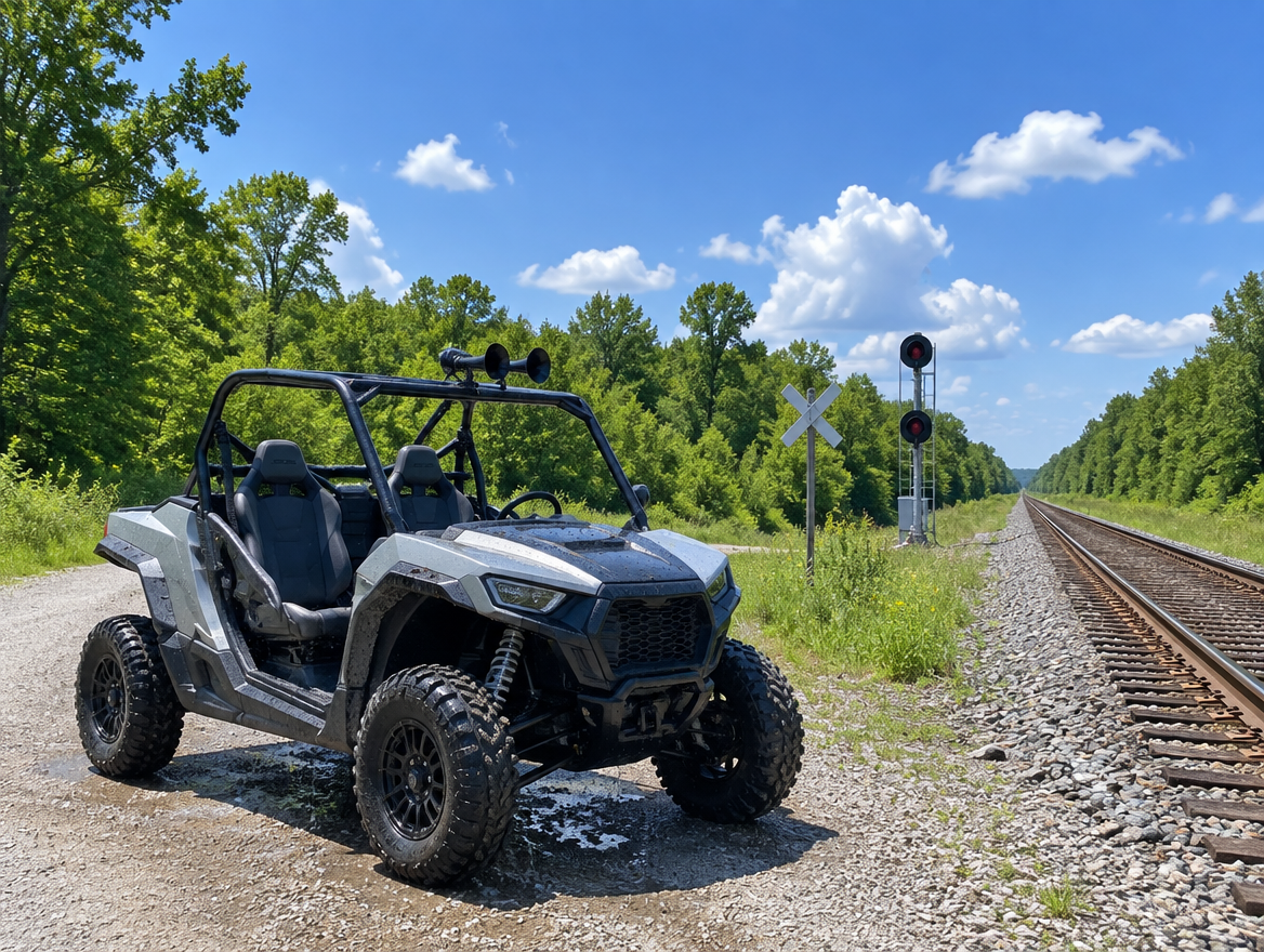 A clean UTV with a roll-bar train horn parked beside a rural rail line on a sunny summer afternoon.