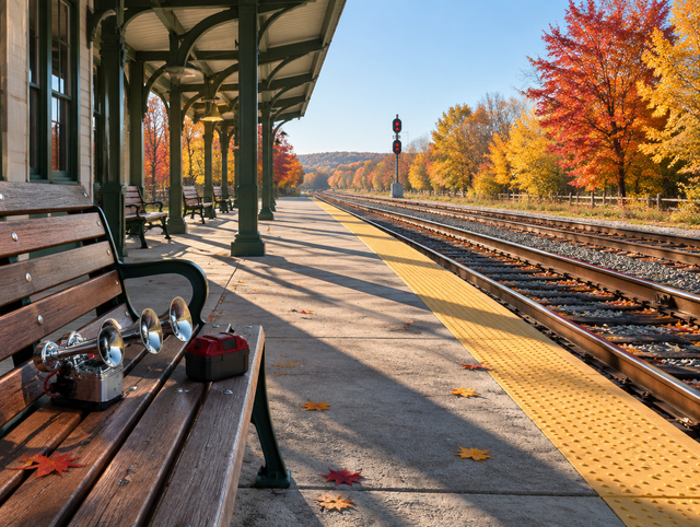 Sunny autumn station platform with a canopy and benches, a chrome air horn and red-topped battery on a bench by the tracks.