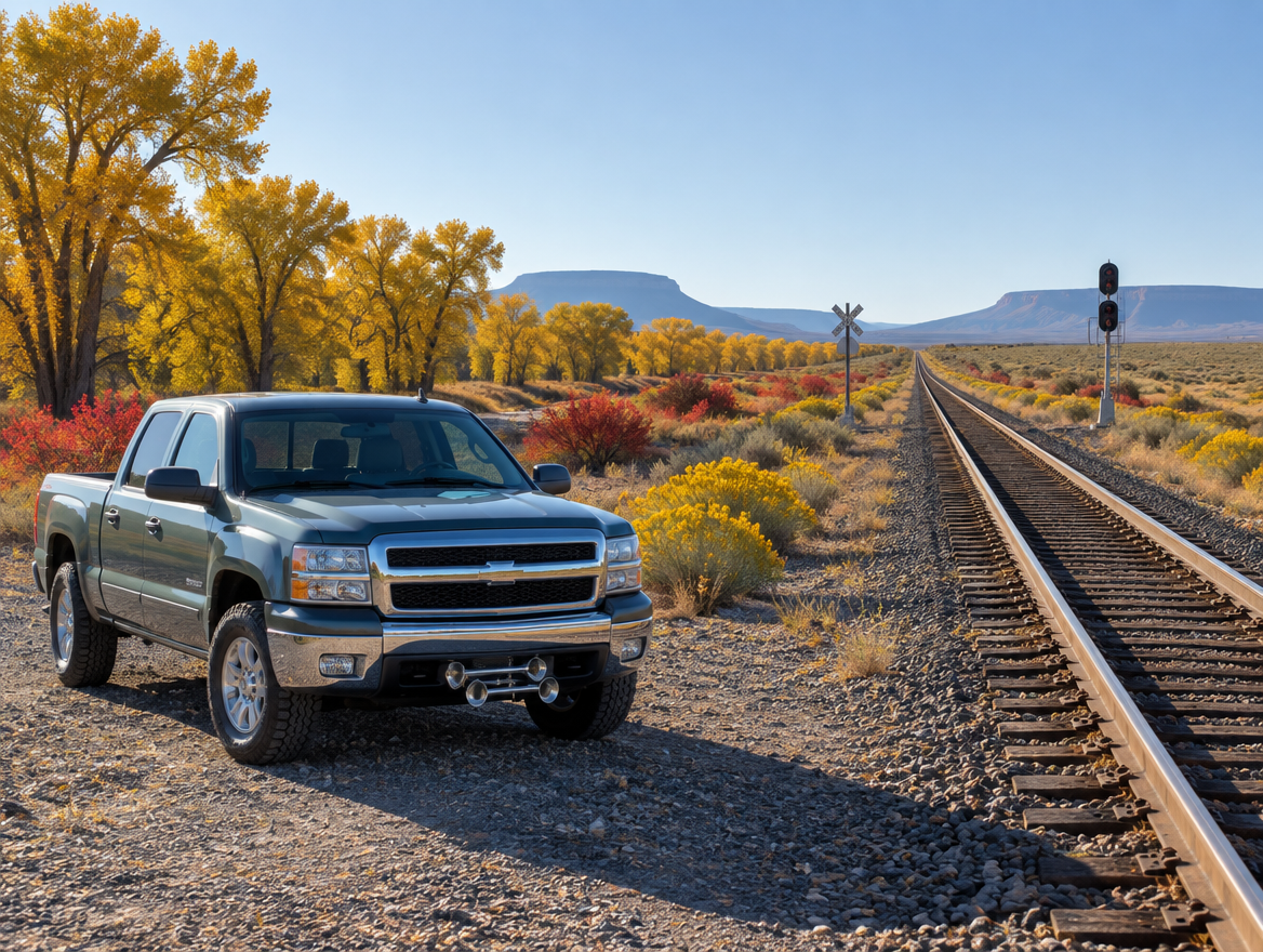A pickup truck with a chrome train horn parked by a desert rail line among golden cottonwoods under a wide autumn sky