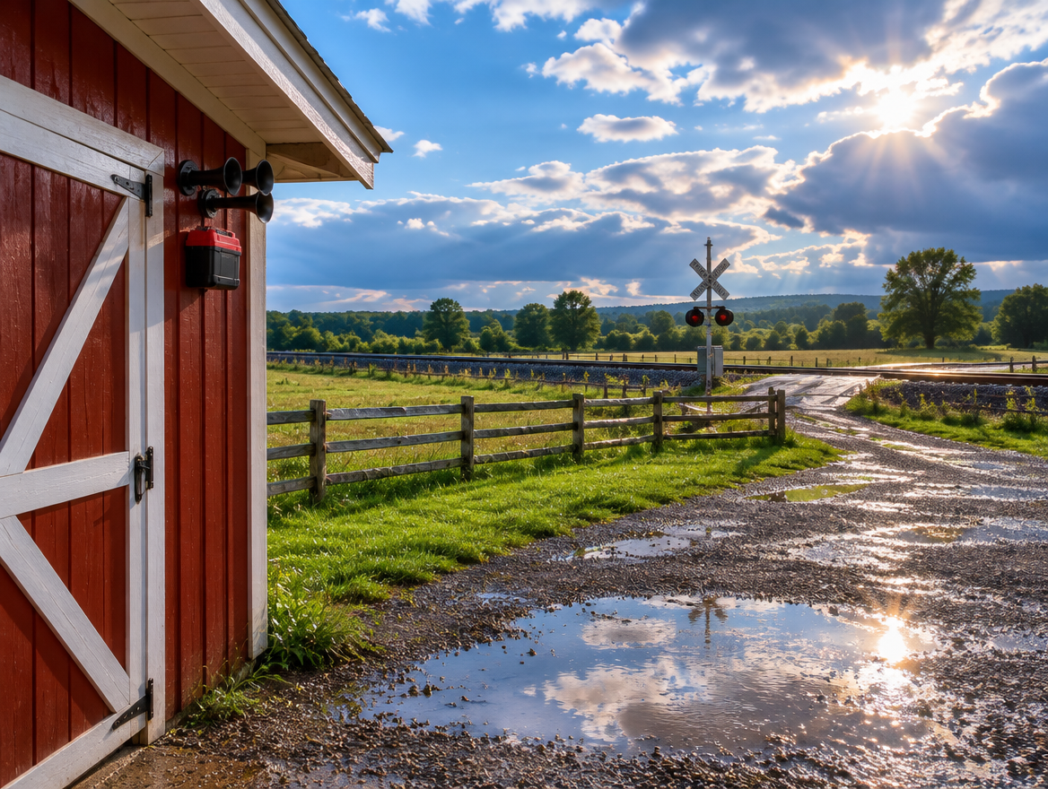 A red barn with a train horn under its eave after rain, wet gravel puddles, and a rail line running behind the pasture.