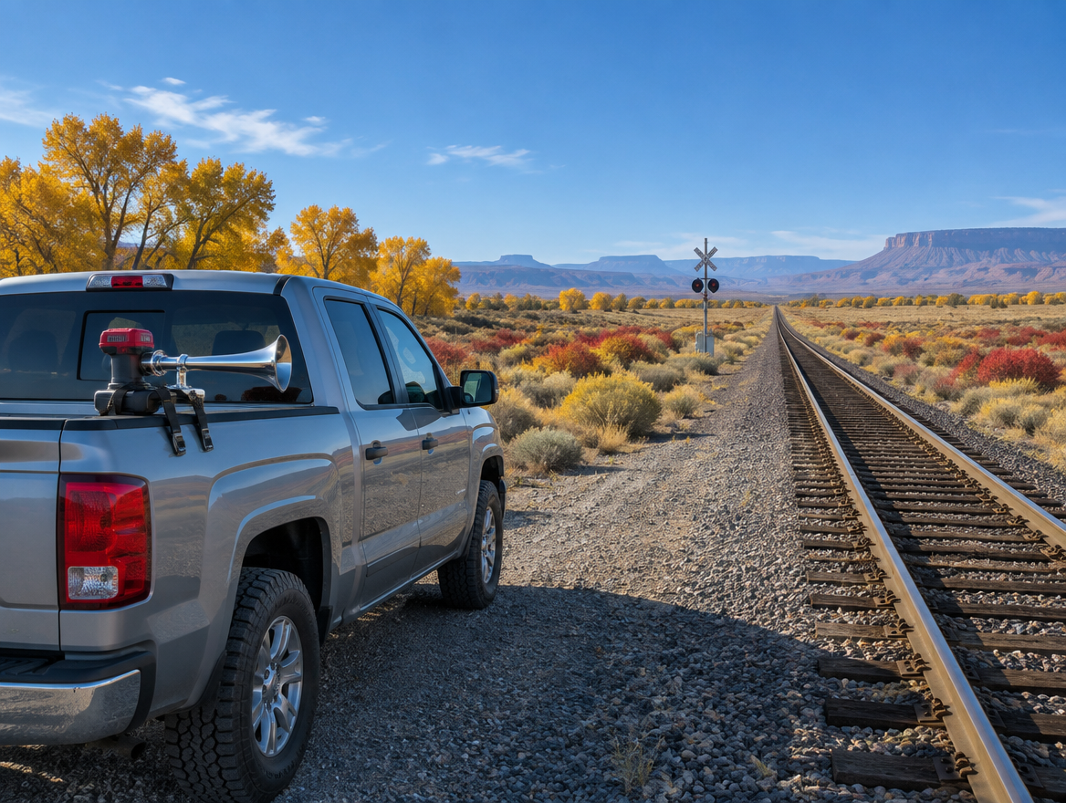 A pickup truck by a desert rail line, a battery train horn strapped to its bed rail under golden autumn trees.