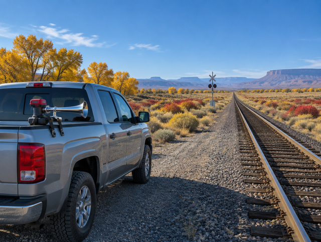 A pickup truck by a desert rail line, a battery train horn strapped to its bed rail under golden autumn trees.