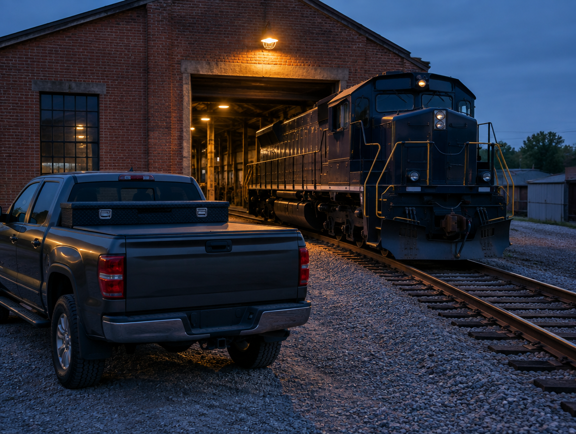 A pickup with a covered, locked bed parked at dusk beside a brick engine shed with a locomotive outside.
