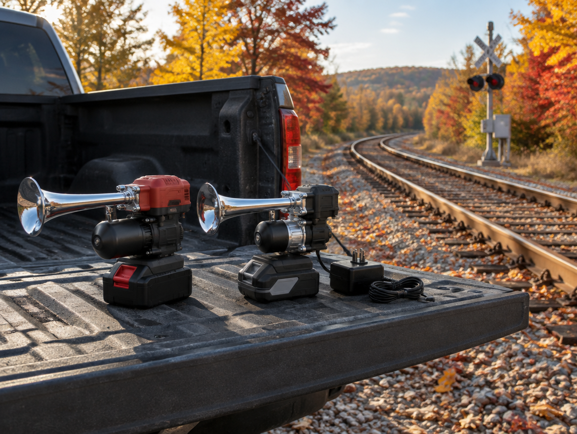 Two portable train horn kits on a pickup tailgate beside autumn rail tracks, one with a red cordless tool battery.