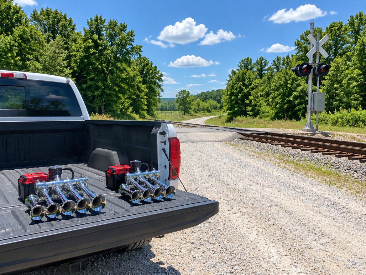 Two chrome train horn sets with red cordless batteries on a pickup tailgate beside a rural railroad crossing in summer.