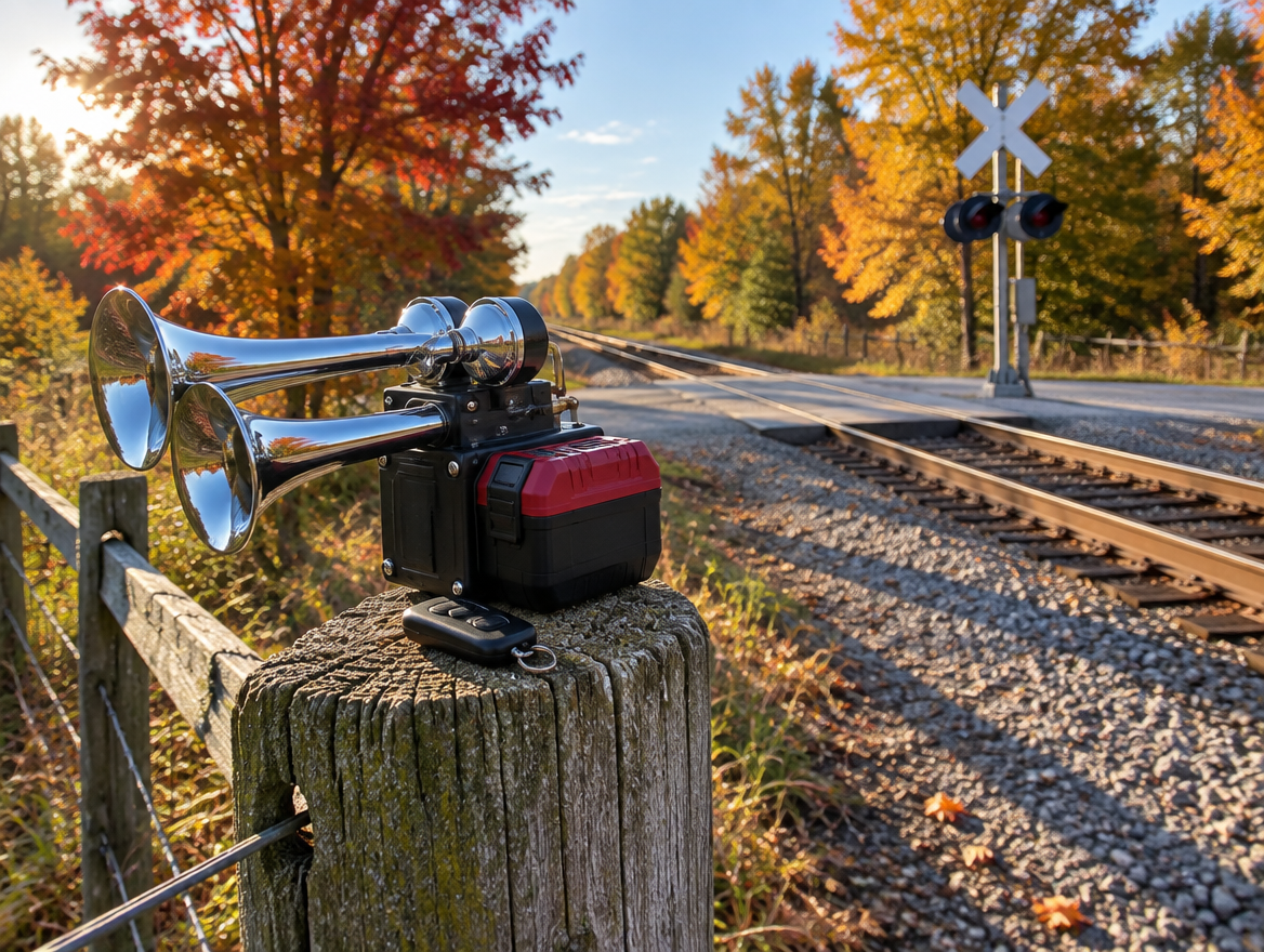 Portable chrome train horn with a red cordless battery on a fence post at a rural crossing in autumn sunlight.