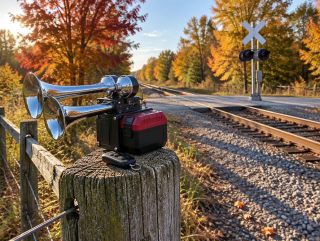 Portable chrome train horn with a red cordless battery on a fence post at a rural crossing in autumn sunlight.