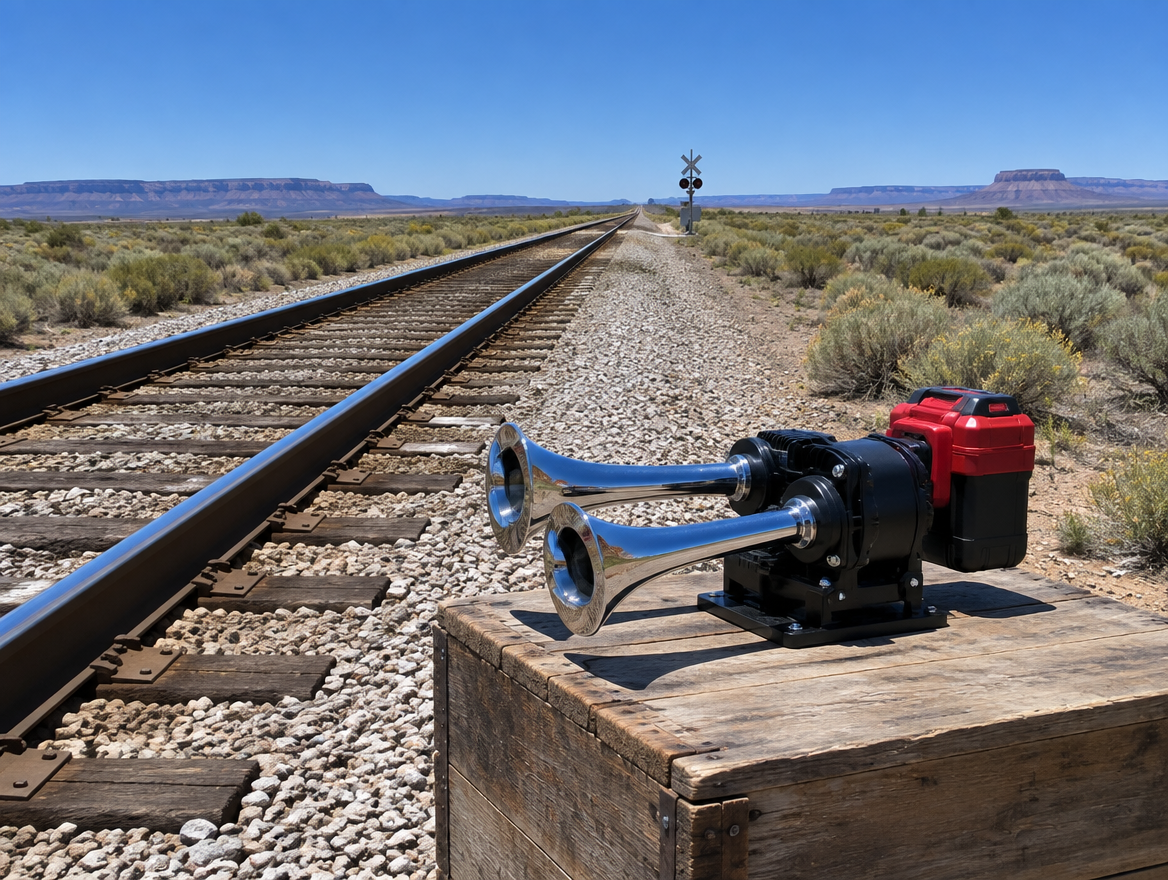 A portable train horn with a red battery pack sits on a crate beside a desert railway under a deep blue sky.
