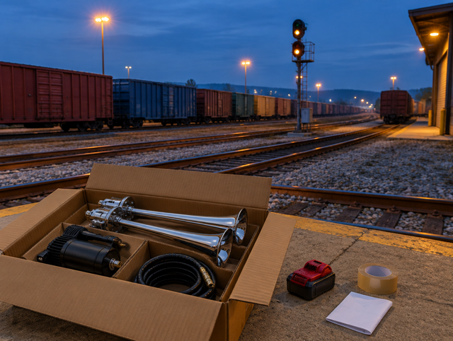 Open shipping box with a chrome train horn kit and a red tool battery set aside on a freight yard loading dock at dusk.