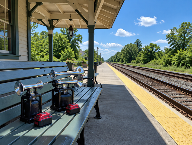 Single-trumpet and dual-trumpet air horns on a station bench beside a red battery pack, with rails and trees behind.