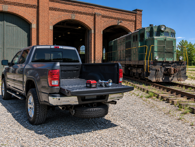 A pickup with its spare tire in place, parked by a brick engine shed with a locomotive standing on the track outside.