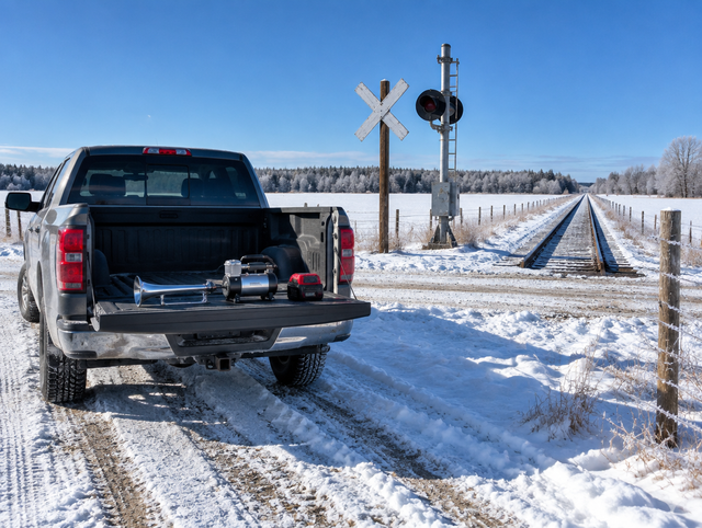 Pickup tailgate with a train horn kit and red-topped 18V battery pack beside a snowy farm railroad crossing